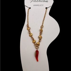 Gold Heart Anklet with Red Charm